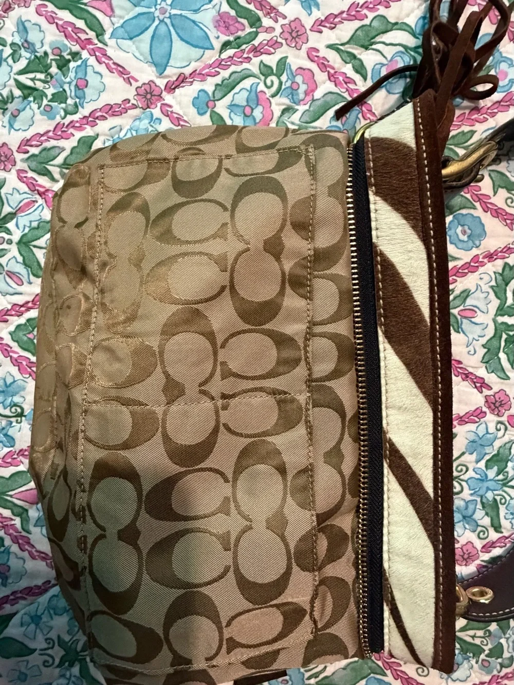 Coach Zebra Hair-On-Hide Shoulder Bag with Brown Suede Trim